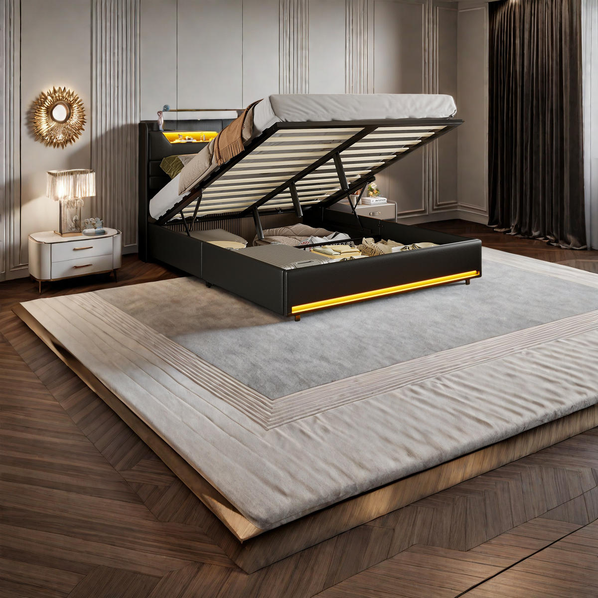 POLSTERBETT 140x200 cm Schwarz PU LED USB Bettkasten - Schwarz, Holz (140/200cm) - SHOPENTRA