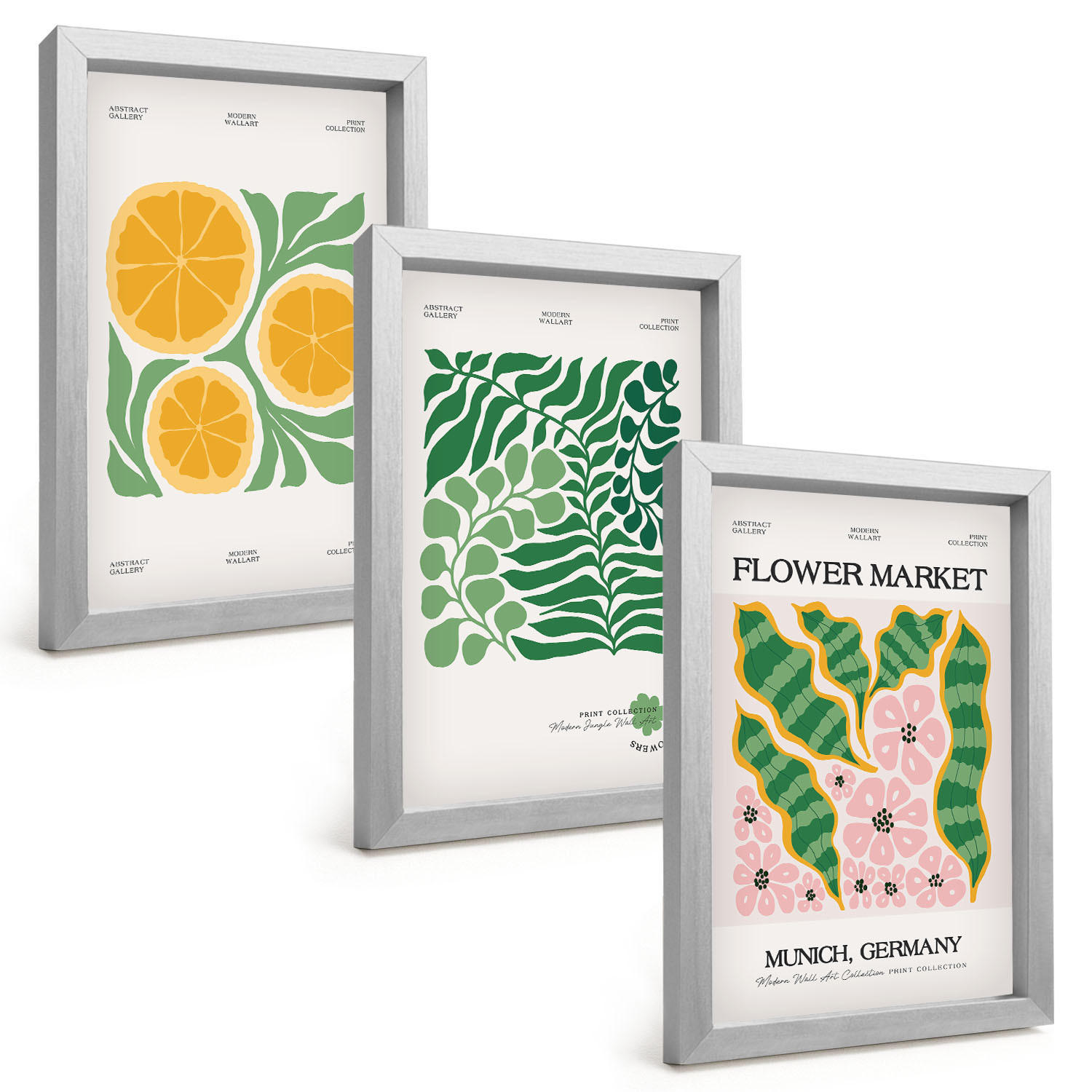 BILDER SET 3er Set - 20x30 cm Silberner Rahmen - Pastellfarbene Frucht- und Pflanzenmotive - Silberfarben, Kunststoff (20/30cm) - TULUP