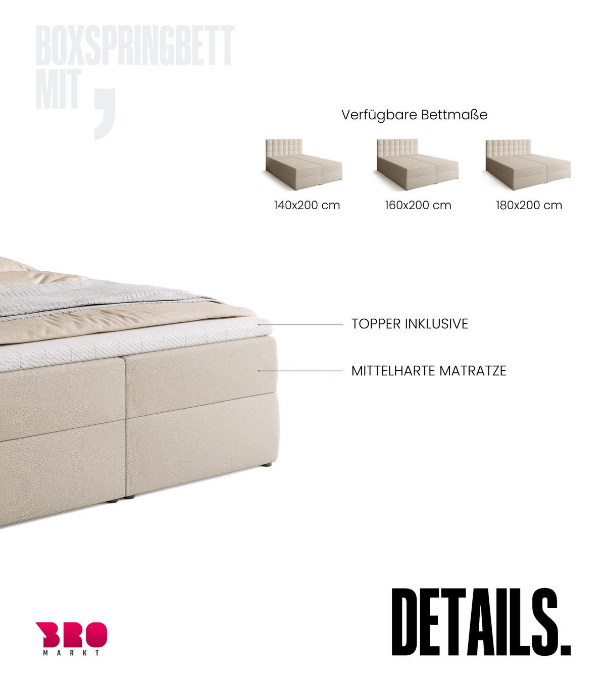 BOXBETT Detroit mit Topper 140/200 Ecru - Ecru, Holzwerkstoff/Textil (140/200cm) - Bromarkt
