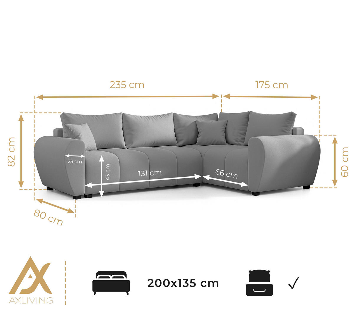 ECKSOFA L Form Malatya MAX Dunkelgrau 246/145/82 cm stilvolle mit Schlaffunktion R - Dunkelgrau/Schwarz, Kunststoff/Textil (235/175cm) - AX Living