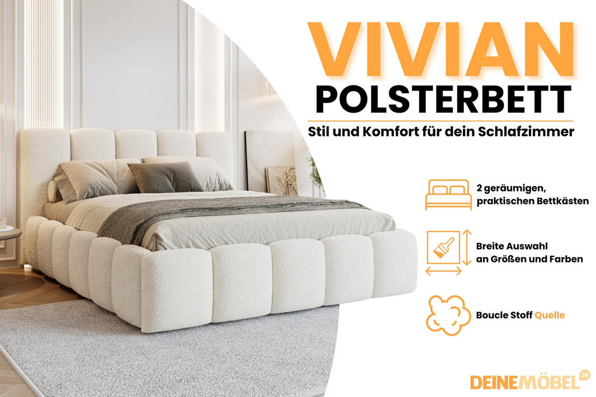 POLSTERBETT VIVIAN 140/200 in Boucle Weiß - Weiß, Holz/Holzwerkstoff (140/200cm) - Deine Möbel 24
