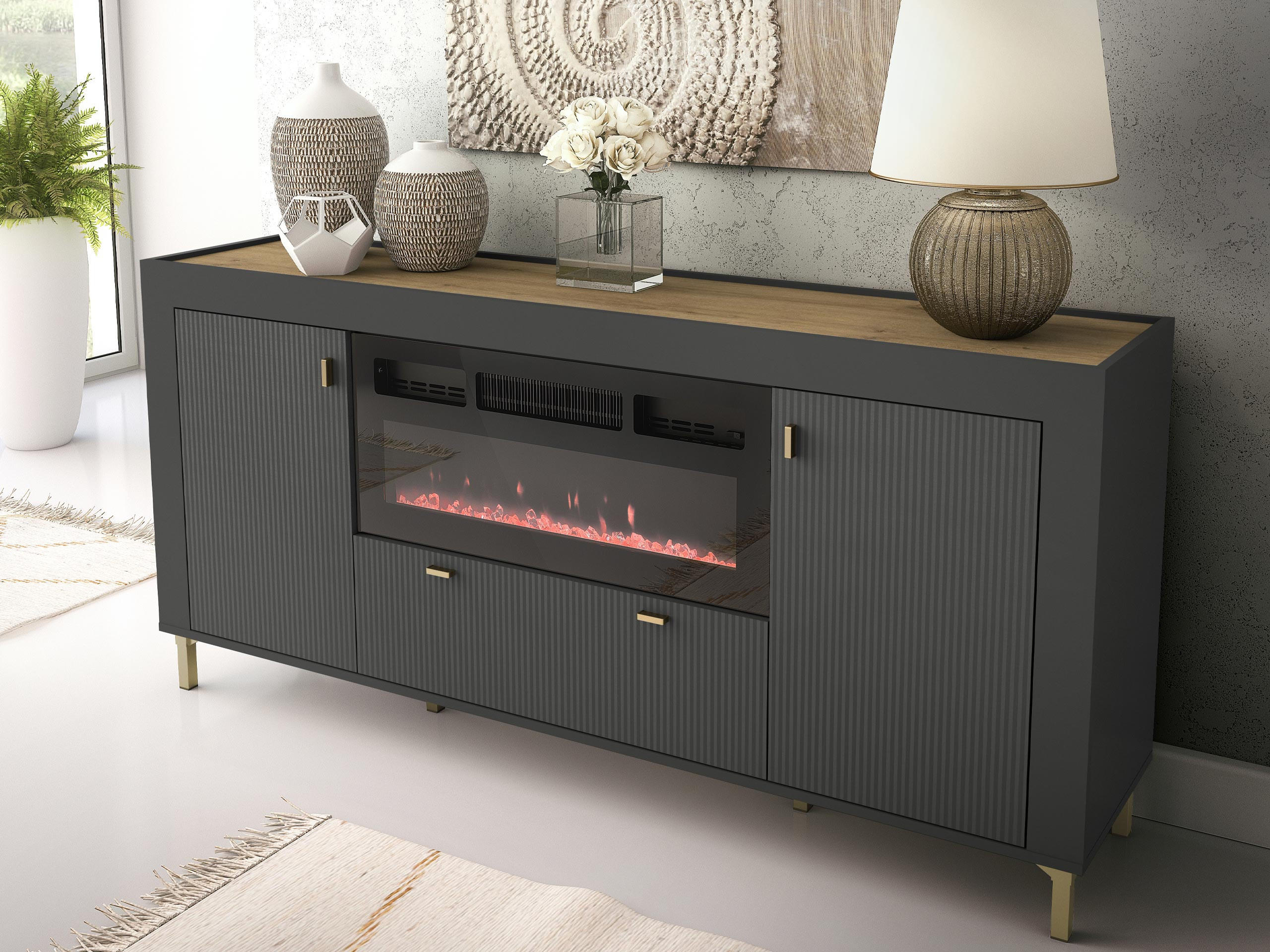 SIDEBOARD Mossa 2D1S MO07 mit Kamin - Goldfarben/Schwarz, Holzwerkstoff/Kunststoff (177/84/40cm) - MIRJAN24