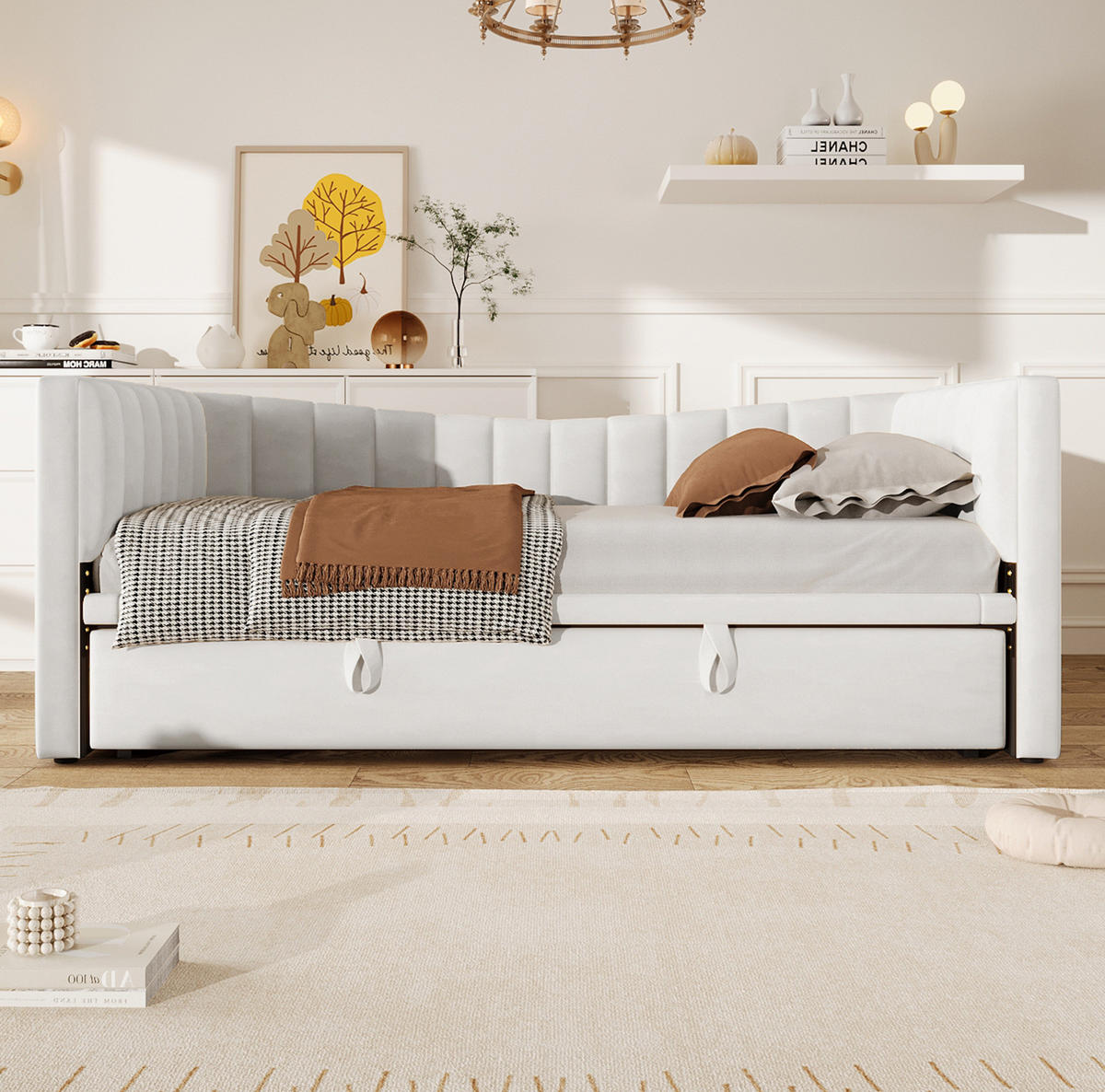 POLSTERBETT aus Samt 90x200 cm Weiß mit ausziehbarem Rollbett und multifunktionalem Daybed-Design - Weiß, Textil (180/200cm) - Modfu
