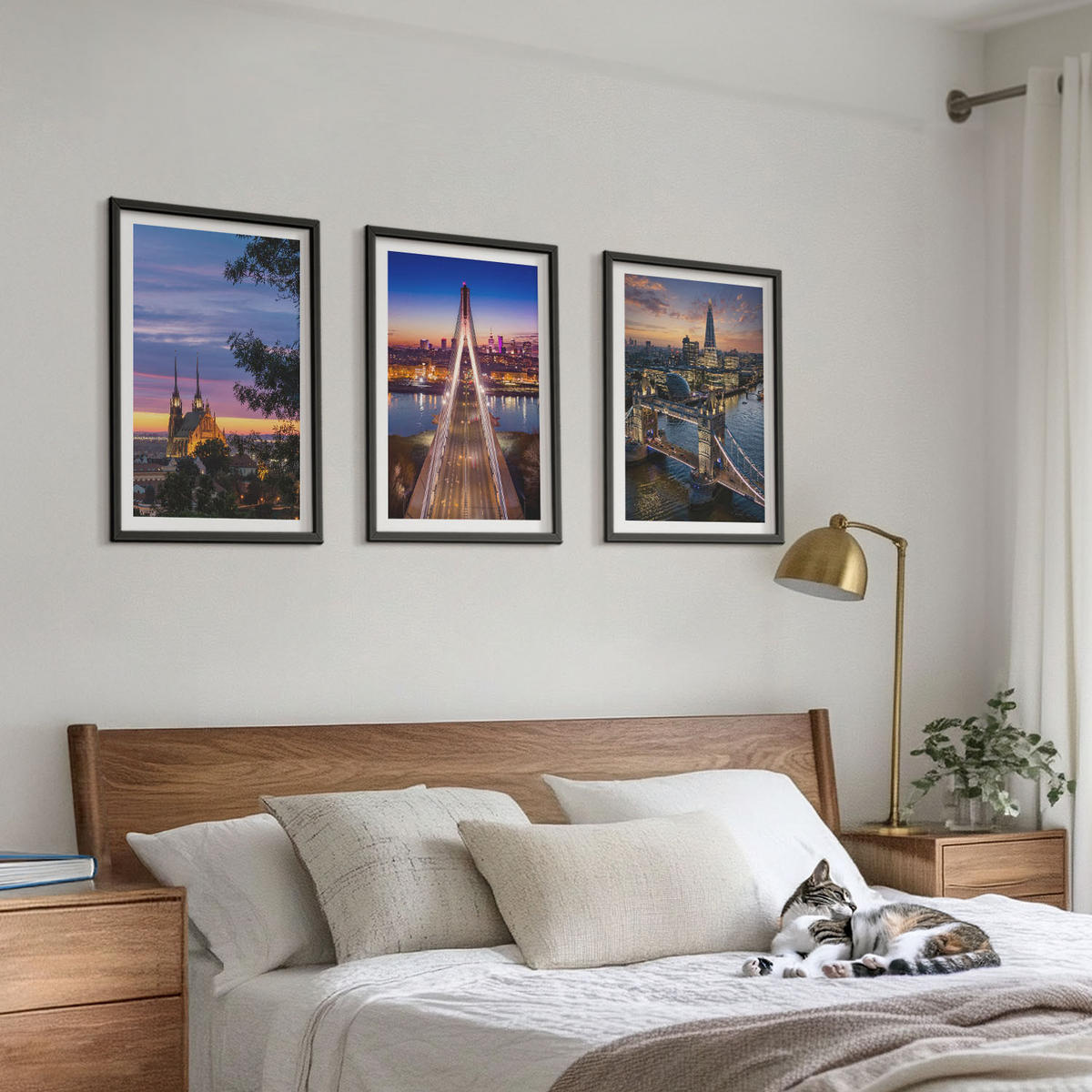 BILDER SET 3er Set - 40x60 cm Schwarzer Rahmen - Ausblicke auf Brücken und Sonnenuntergänge - Schwarz, Kunststoff (40/60cm) - TULUP