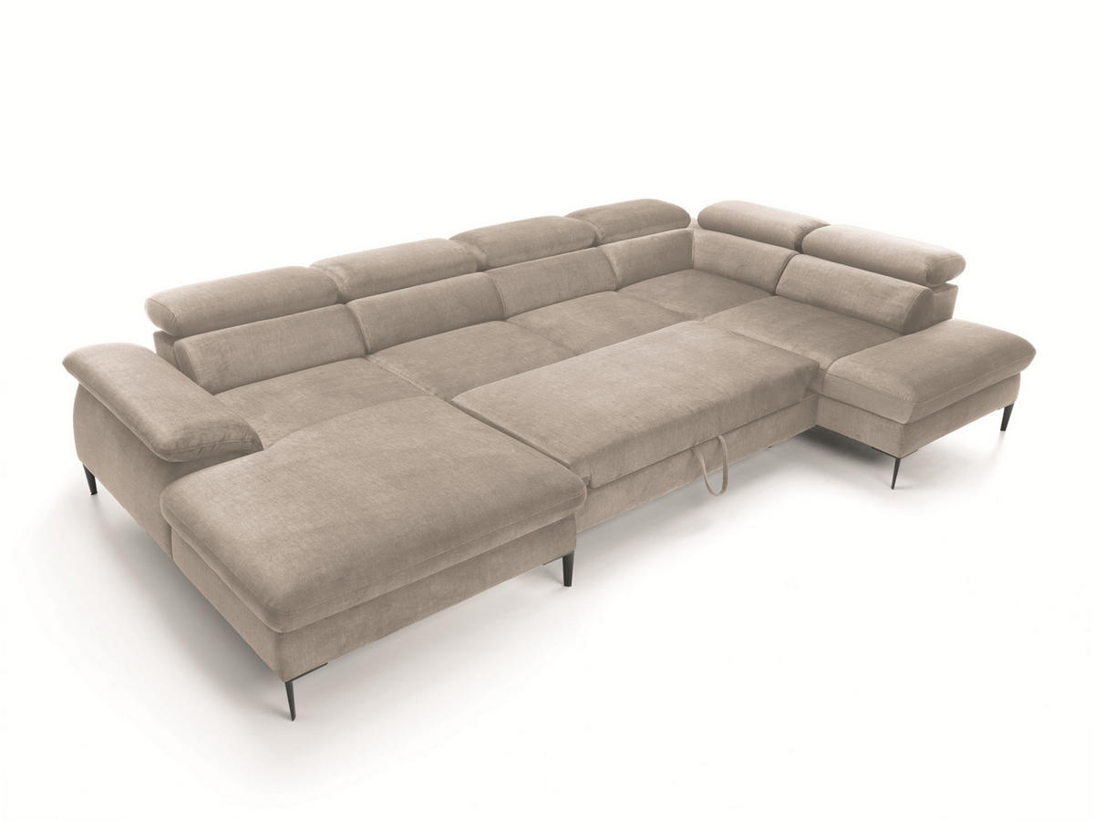 WOHNLANDSCHAFT MESTO Beige Velours-Stoff mit Schlaffunktion - Beige, Holz (353/94/182cm) - MASSENO