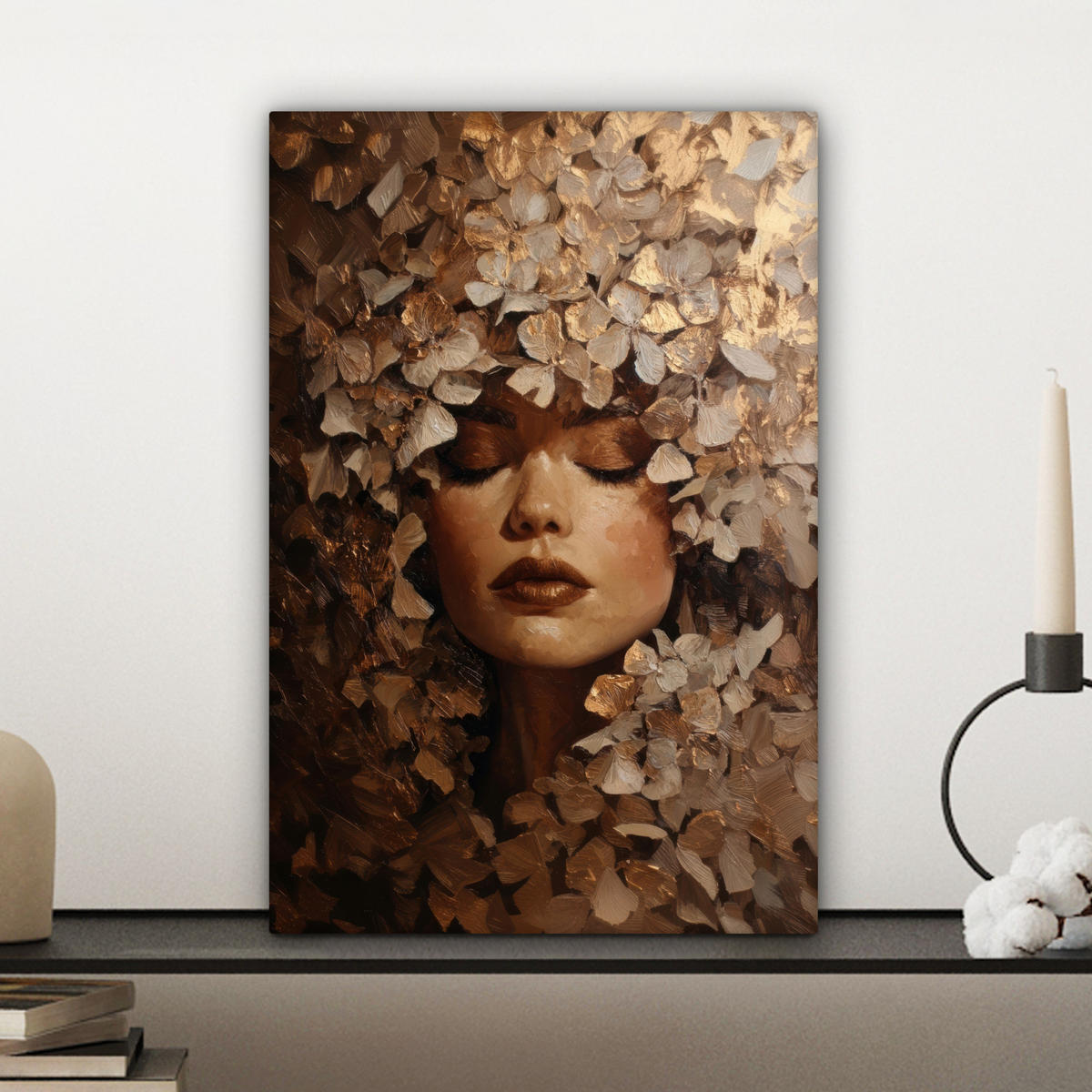 LEINWANDBILD Gesicht - Dame - Blätter - Pinselstriche Deko Wohnzimmer 20x30 cm - Goldfarben, Textil (20/30cm) - MuchoWow