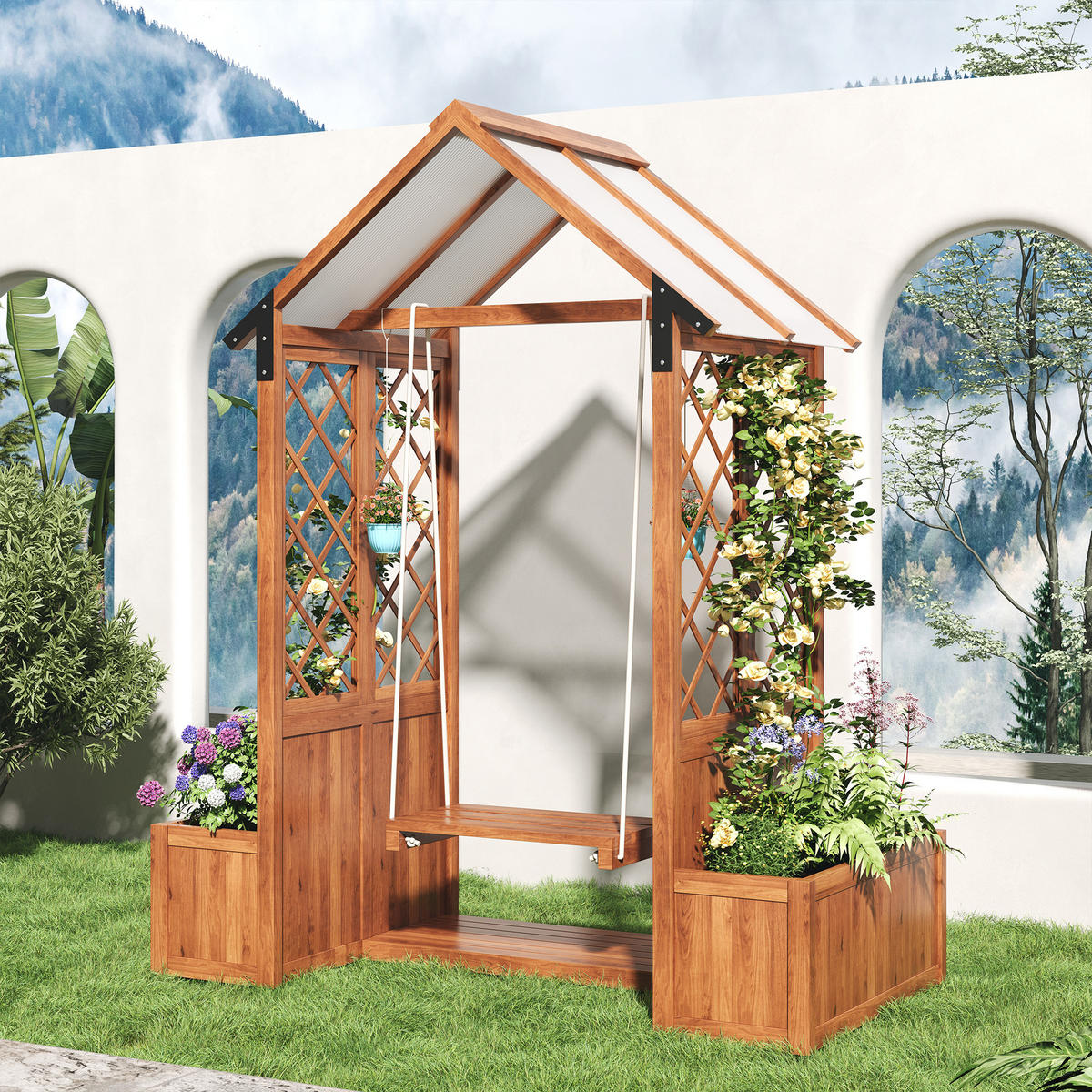 BLUMENTOPF 142/70/163 cm Braun mit Schaukel und Spalier als Kletterhilfe - Braun, Holz (70/163/142cm) - Oxeza