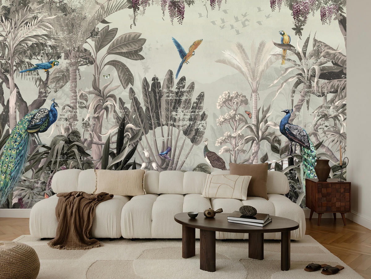 FOTOTAPETE für Wohnzimmer Vintage Tropenwald Palmen Papageien 300x210 - Beige/Grün, Papier (300/210cm) - Muralo