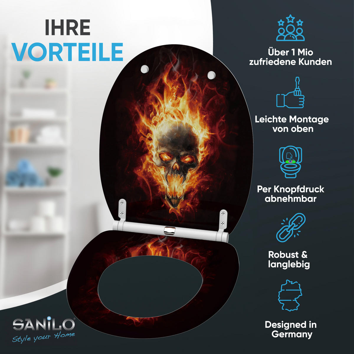 WC-SITZ mit Absenkautomatik & Top Fix Totenkopf - Schwarz, Holzwerkstoff (37.7/5.5/48cm) - Sanilo