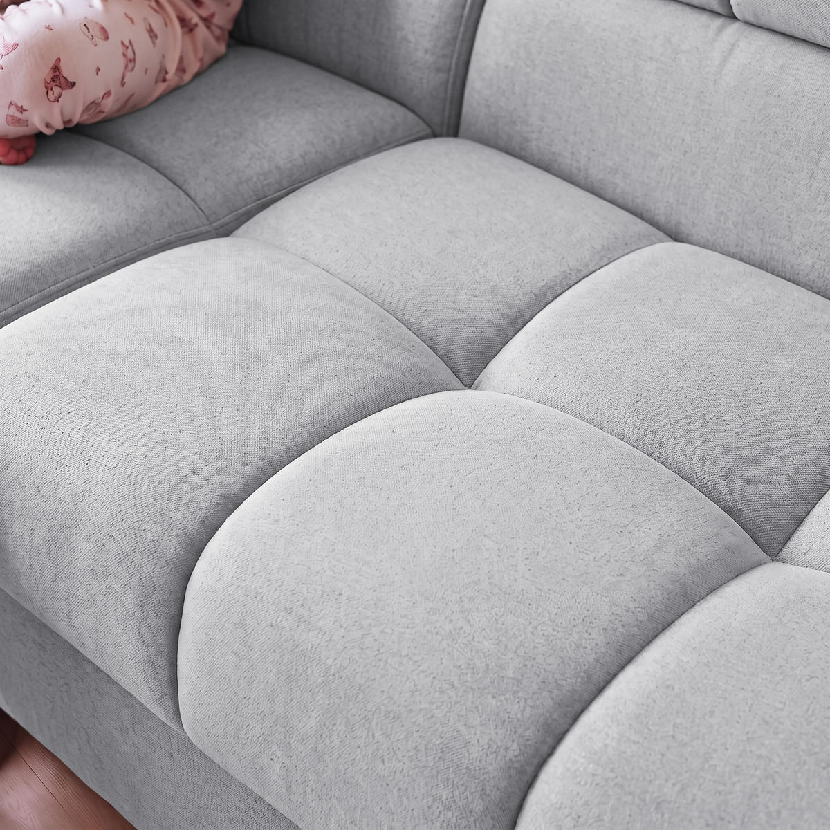 ECKSOFA PUDDING L Rechts mit Schlaffunktion 125x195 Velours Hellgrau - Hellgrau/Schwarz, Holz/Textil (275/203cm) - Muffo