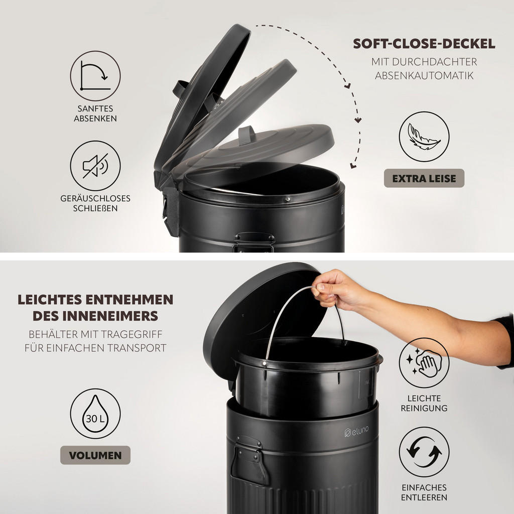 Thumbnail - eluno Abfalleimer, Schwarz, Metall, 30.5x68.5x36 cm, Küchen, Küchenausstattung, Mülleimer