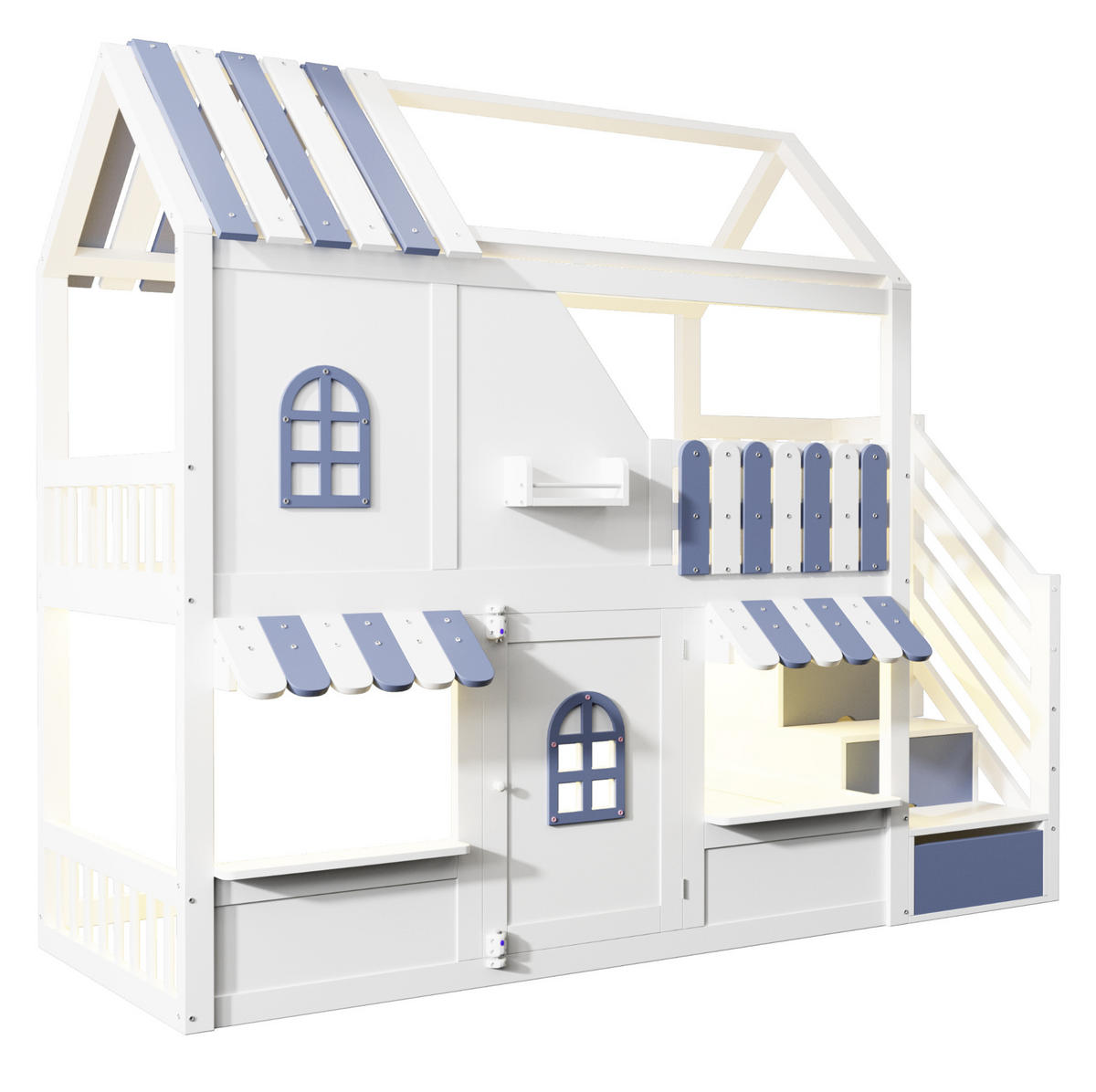 KINDER-ETAGENBETT Holz 90x200 cm Weiß/Blau mit LED, Stauraumleiter und Regalen im Hausbett-Design - Weiß, Holz (90/200cm) - Modfu