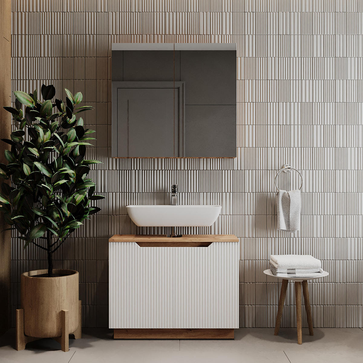 BADMÖBEL-SET Lotta Eiche/weiß gestreift 2 Teile - Eichefarben/Weiß, Holzwerkstoff (79.6/62.1/32cm) - Vicco