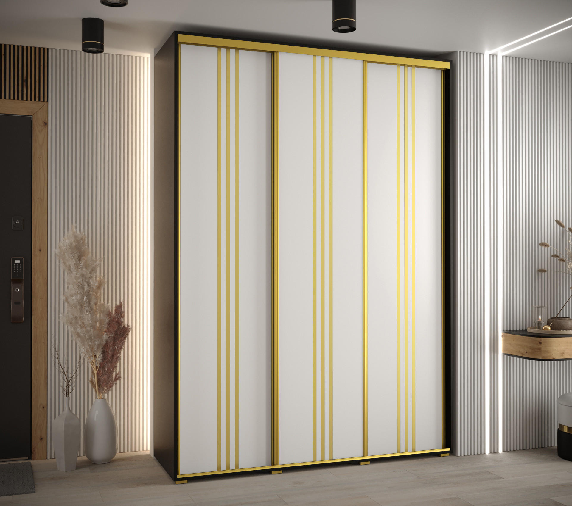 SCHWEBETÜRENSCHRANK 235,2/180/45 3-türig - Goldfarben/Schwarz, Holz/Metall (180/235/45cm) - Abiks Möbel