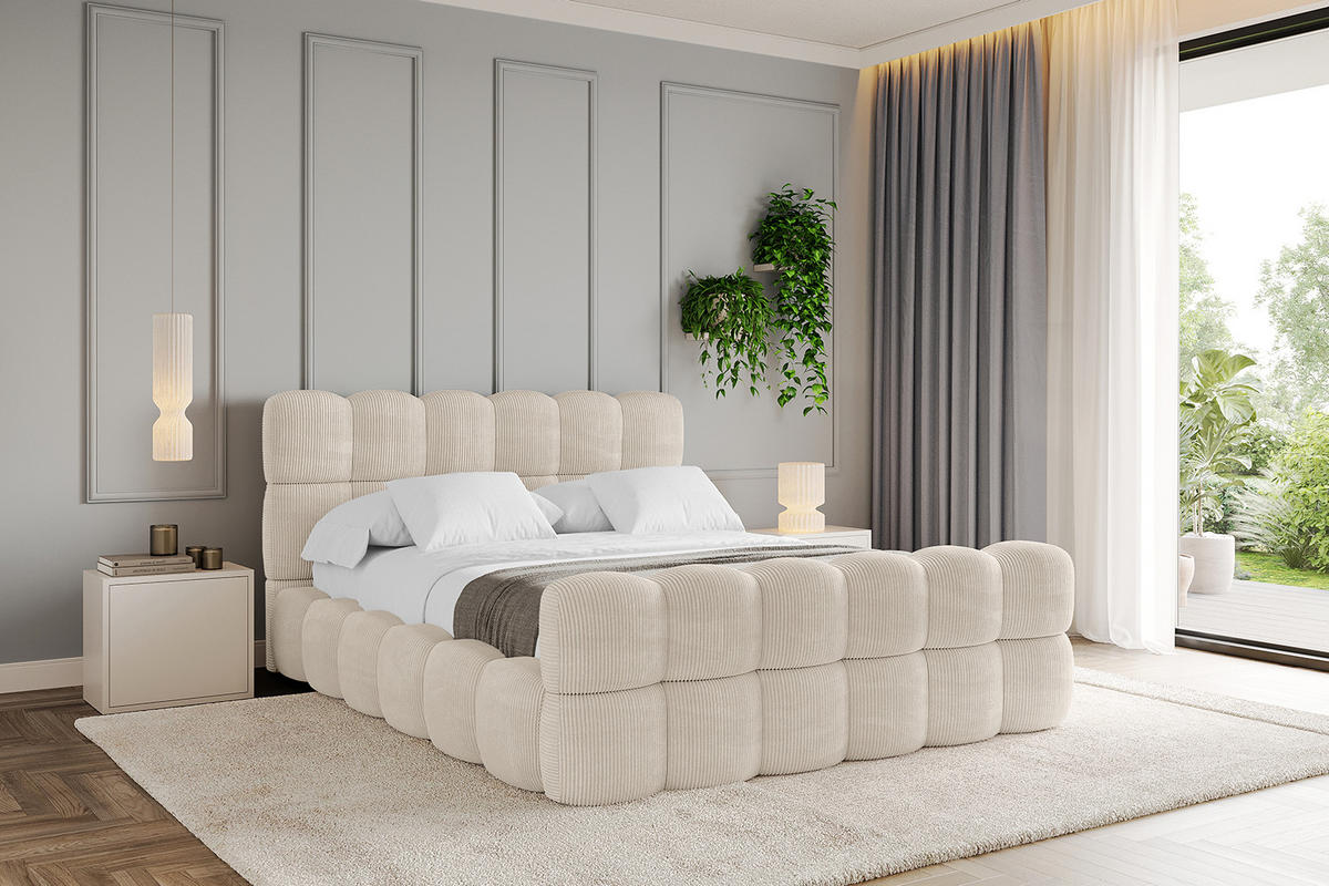 POLSTERBETT mit Bettkasten, Fußteil und Lattenrost, Bett mit Matratze H3/H4 - LEYA-Z 120x200 Beige - Creme, Holzwerkstoff/Textil (120/200cm) - ALTDECOR