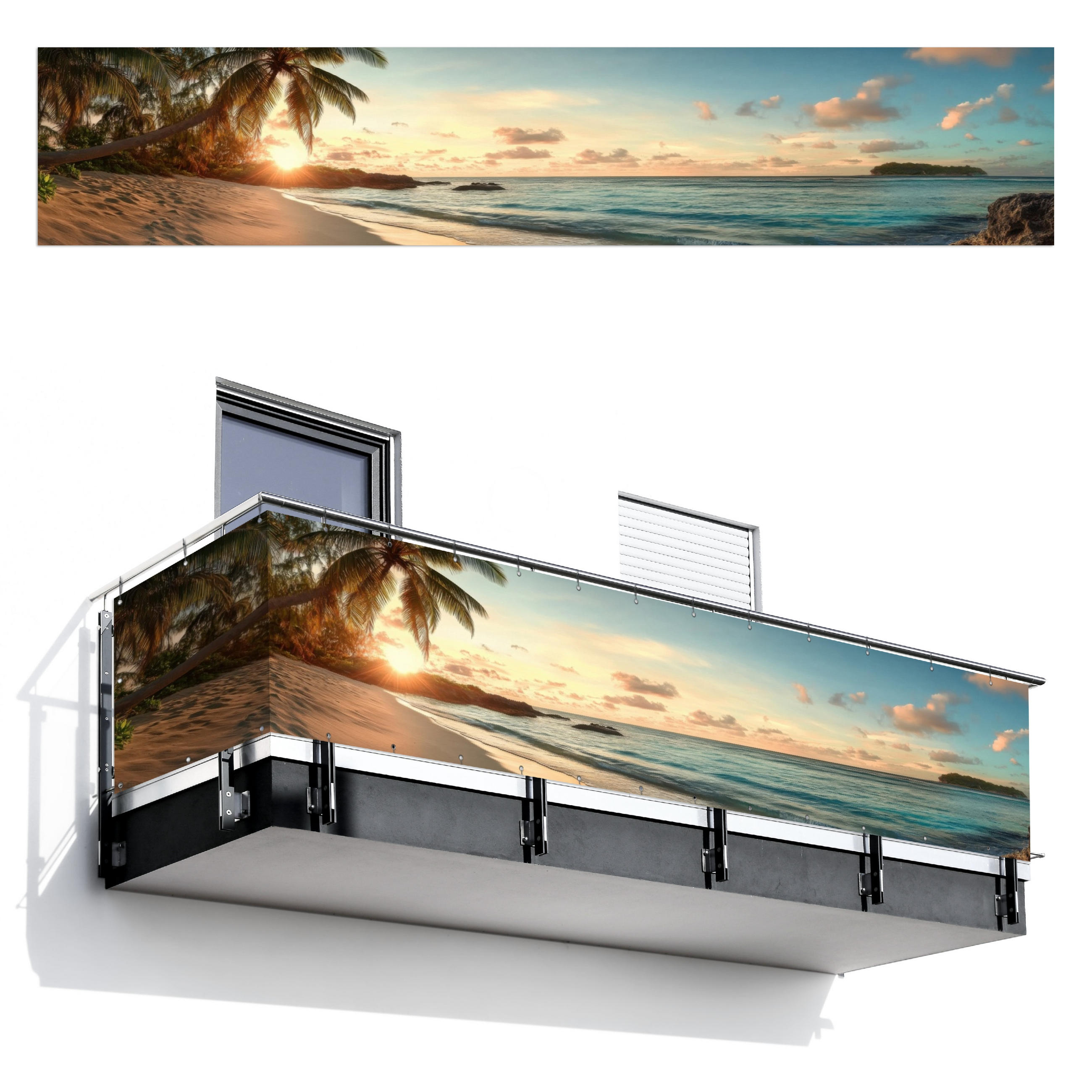 BALKON-SICHTSCHUTZ Strand - Palmen - Meer - Sonnenuntergang 500x100 cm - Samtahornfarben, Kunststoff (500/100cm) - MuchoWow