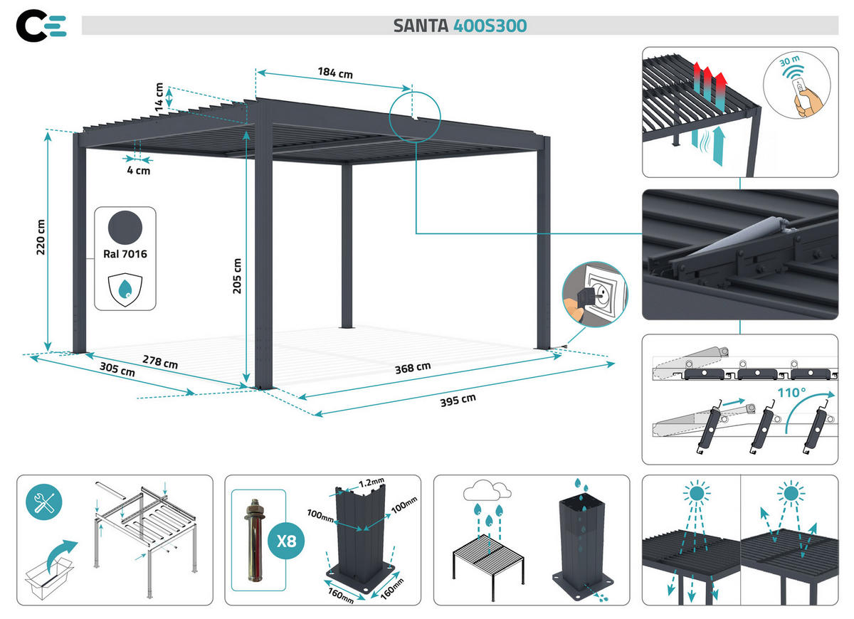 PERGOLA BIOCLIMATISCH MOTORISIERTE Santa graue 4m x 3m - Grau, Metall (305/220/395cm) - Cazeboo