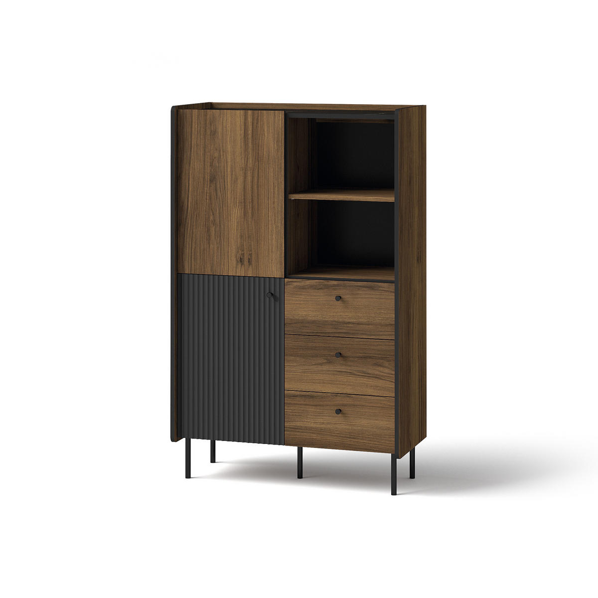 KOMMODE Piano mit 2 Türen und 3 Schubladen, Mattschwarz + Warmia-Nussbaum - Dunkelbraun/Schwarz, Holzwerkstoff (88/140/40cm) - Beautysofa