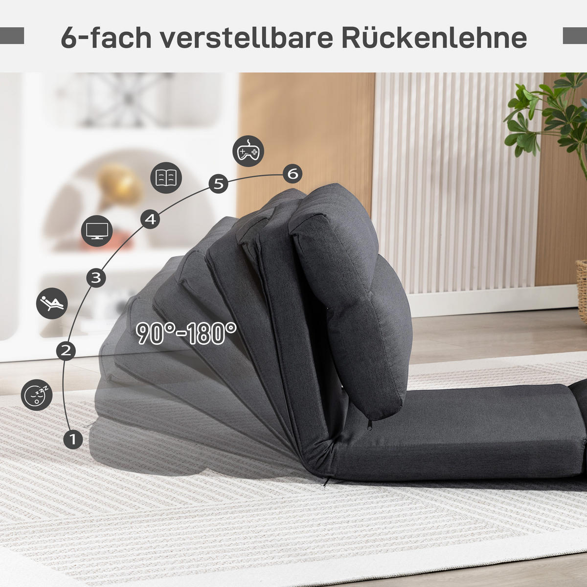 BODENSTUHL Bodensessel mit 6-Stufig Verstellbarer Rückenlehne für Wohnzimmer - Dunkelgrau, Textil/Metall (72/56/70cm) - HOMCOM