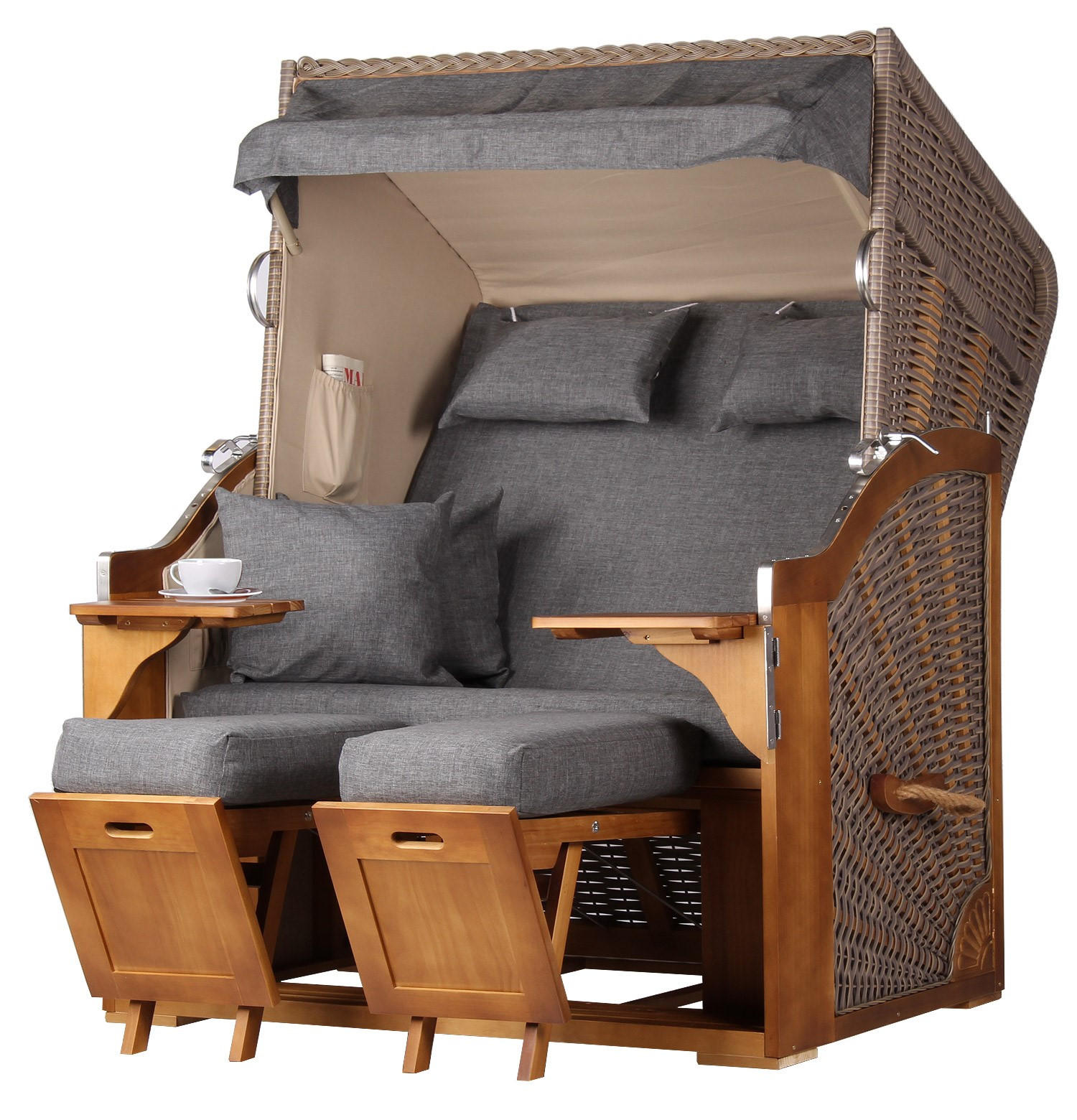 STRANDKORB Komplettset - Schleswig Pinie - PE mokka - Modell 560 - Dunkelgrau, Holz (120/160/80cm) - bene living