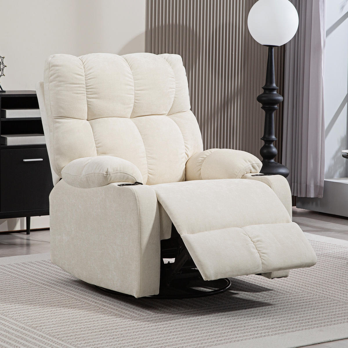 RELAXSESSEL Drehbar Fernsehsessel mit Liegefunktion, Schaukelfunktion Beige - Beige/Schwarz, Textil/Metall (96/108/88cm) - HOMCOM