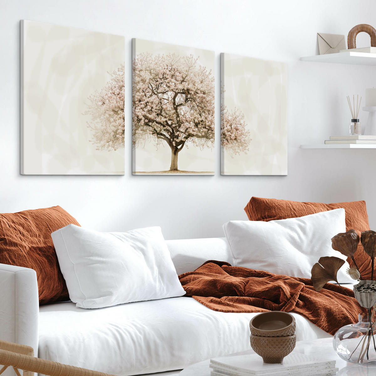LEINWANDBILDER 3-es Set Kirschbaum Natur - Beige/Weiß, Textil (90/40cm) - Muralo