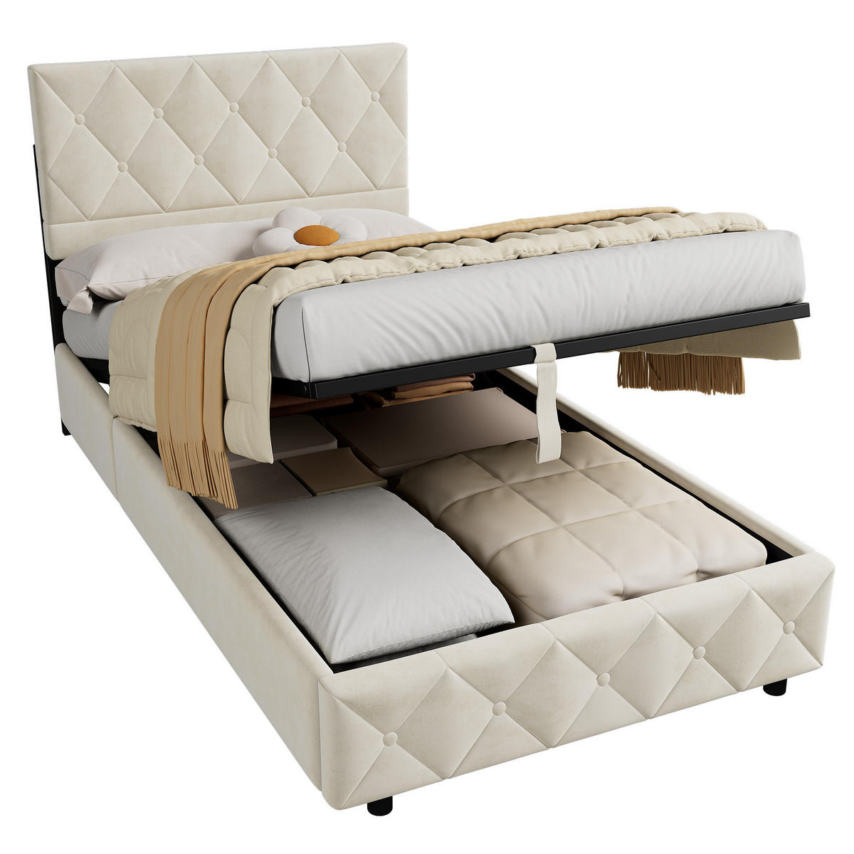 POLSTERBETT 90/190 cm in Beige Samt mit Bettkasten, hydraulischem Doppelhub-System und Lattenrost - Beige, Holzwerkstoff/Textil (90/190cm) - CHICFURN