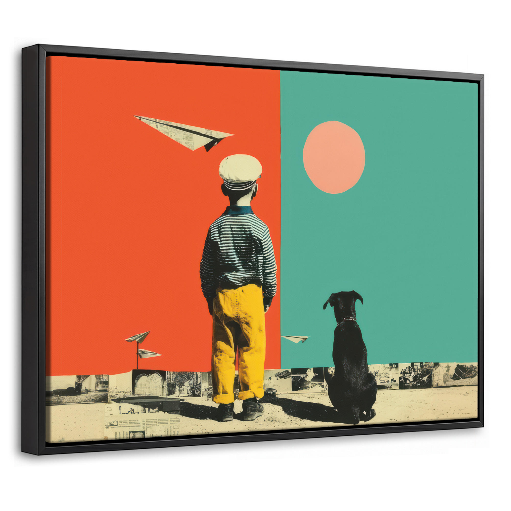 LEINWAND Bilder mit Rahmen - Retro - Junge - Hund - Rot - Grün - 40x30 - Orange, Textil (40/30cm) - MuchoWow