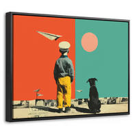 LEINWAND Bilder mit Rahmen - Retro - Junge - Hund - Rot - Grün - 40x30 - Orange, Textil (40/30cm) - MuchoWow