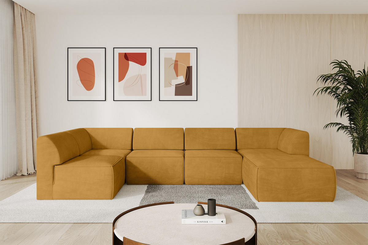 WOHNLANDSCHAFT Ottomane Rechts MOVO-L 345x180x78 cm Senffarbe Cord - Honig, Holzwerkstoff/Kunststoff (180/78/345cm) - ALTDECOR