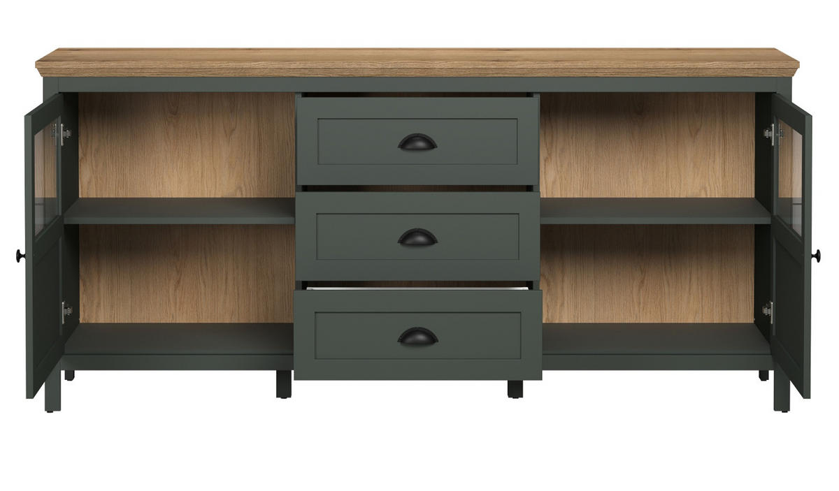SIDEBOARD grün, Evoke Eiche Landhaus 185 x 86 cm, Kommode inklusive LED Beleuchtung - Eichefarben/Schwarz, Glas/Holzwerkstoff (185/86/45cm) - Top.Furn