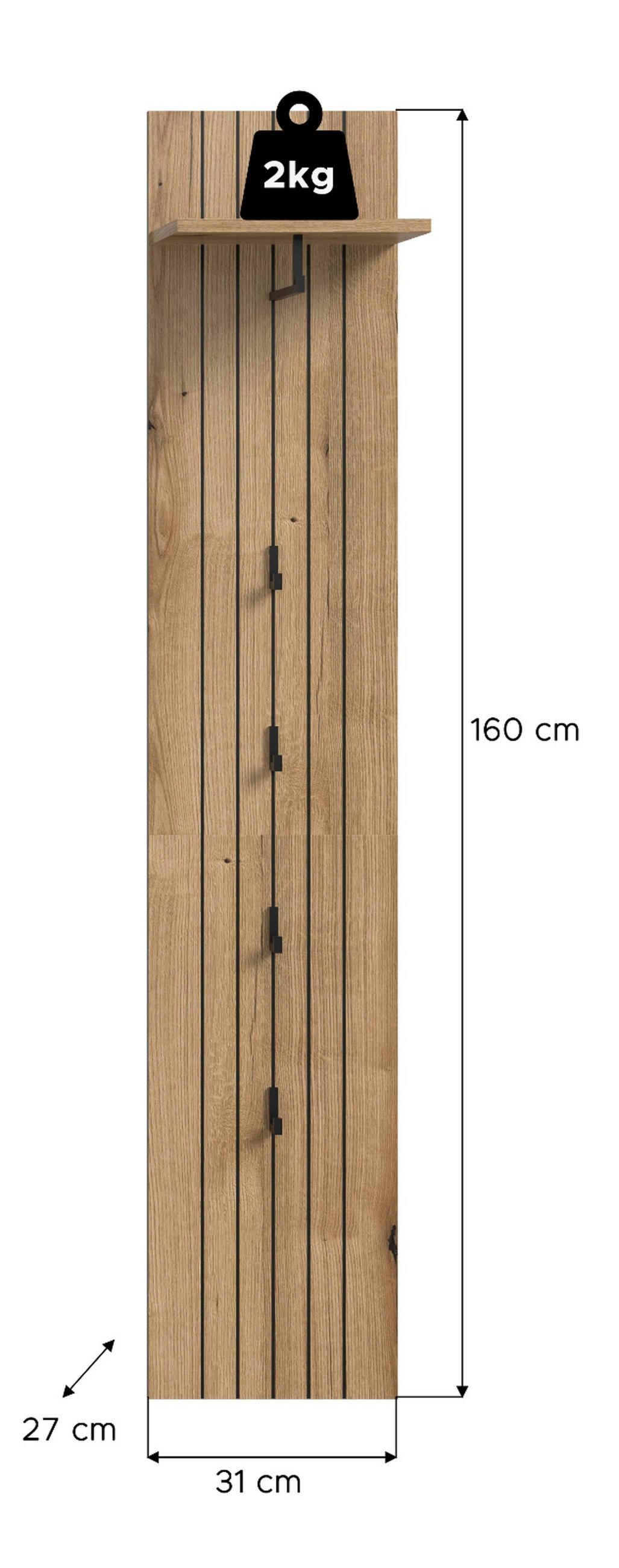 GARDEROBENPANEEL Evoke Eiche 31 x 160 cm, Wandgarderobe mit Kleiderstange - Eiche Artisan, Glas/Holzwerkstoff (31/160/27cm) - Inn.Furn