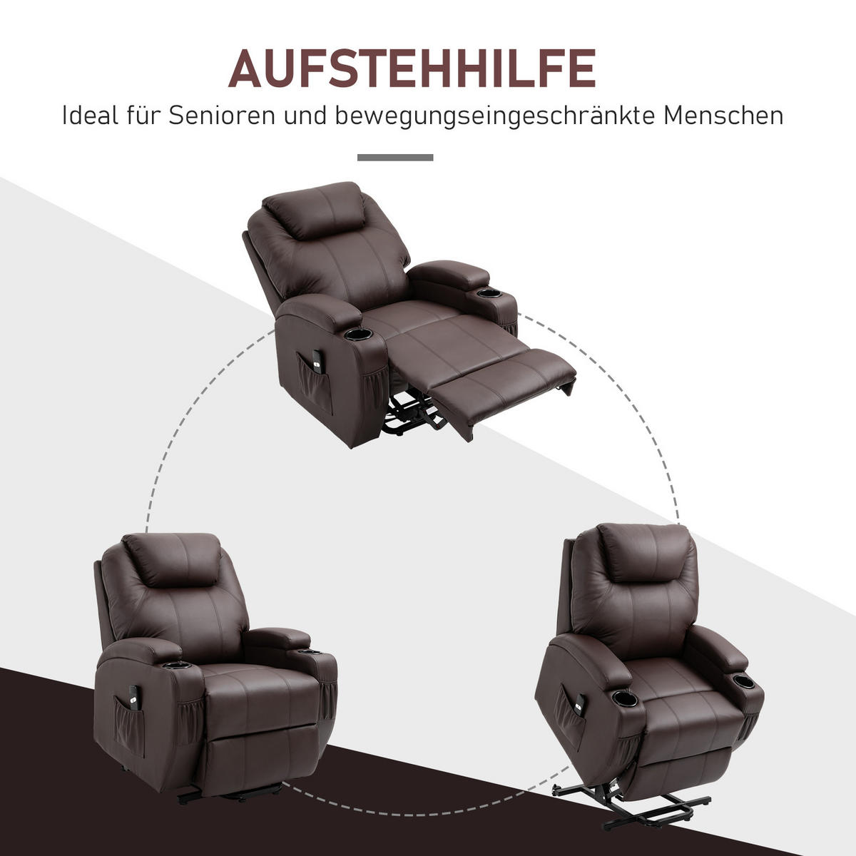 SESSEL mit Aufstehhilfe Aufstehsessel Fernsehsessel Kunstleder Kaffee-Braun - Schwarz/Braun, Leder/Kunststoff (92/109/85cm) - HOMCOM