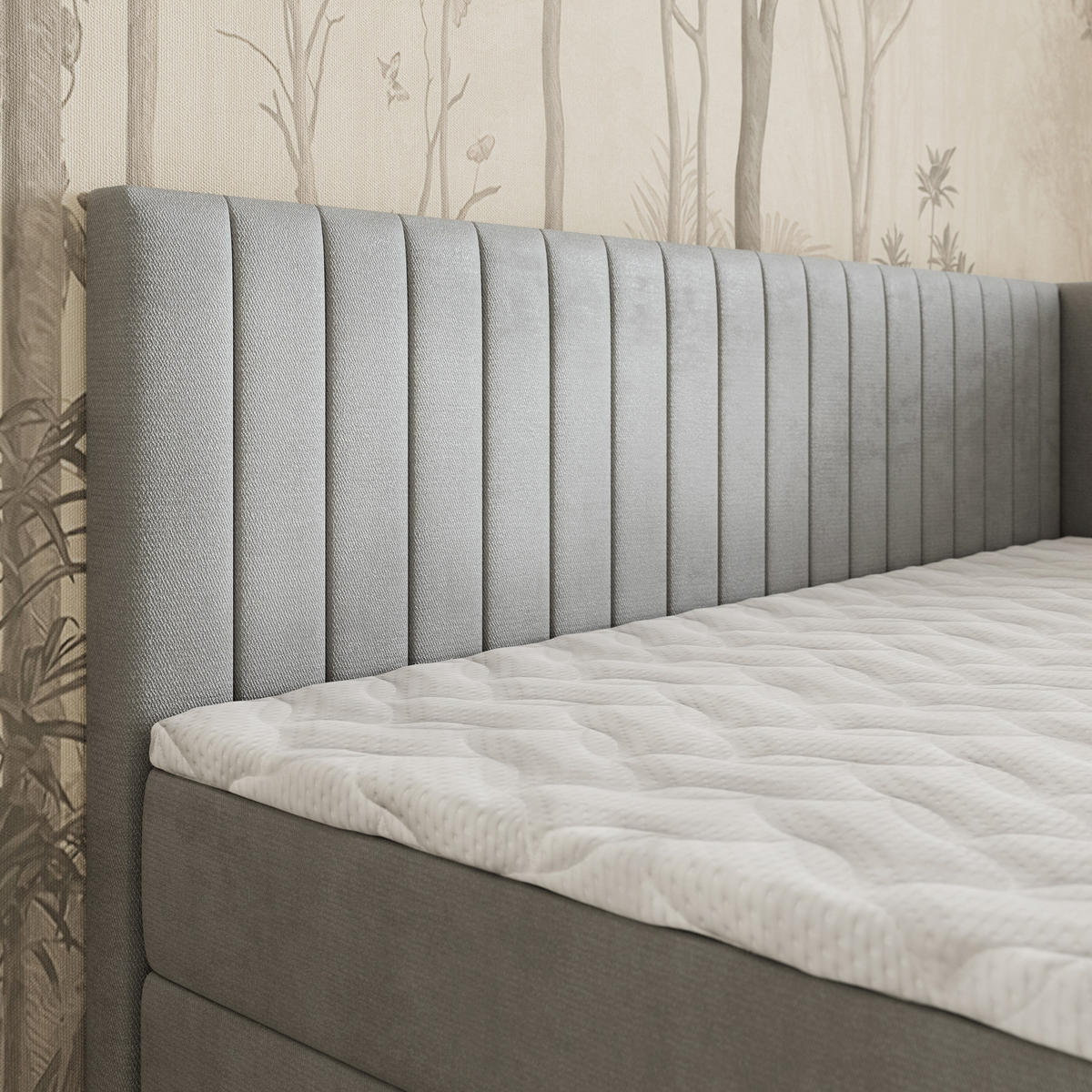 BOXBETT ARIS 80x200 cm mit Matratze und Topper, H2+H3 - Hellgrau - Hellgrau, Holz (80/200cm) - MASSENO