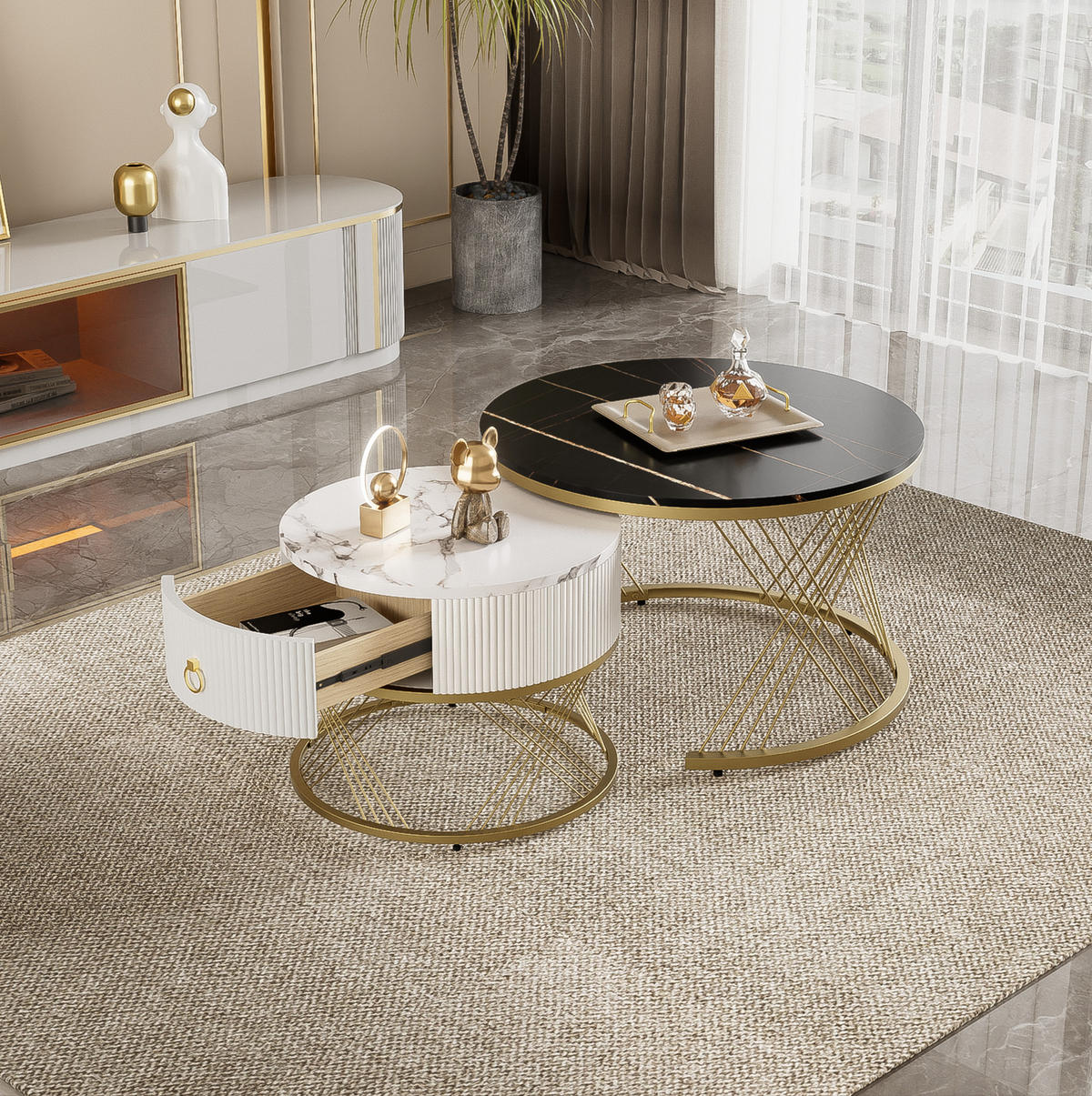 KOMMODE, 2-teiliges Couchtisch-Set aus MDF in Marmor-Optik mit Goldakzenten, 70/70/45 + 50/50/40 cm, Weiß und Gold und Schwarz - Schwarz, Holzwerkstoff (70/70/45cm) - Redom