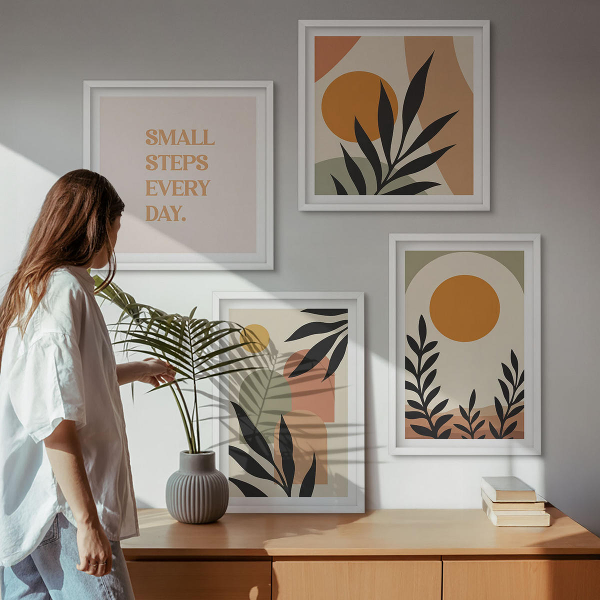 WANDBILDER 4er-Set - 50x50 cm & 40x60 cm Weißer Rahmen - Abstrakte Pflanzenmotive - Weiß, Kunststoff (50/50cm) - ArtPrintCave