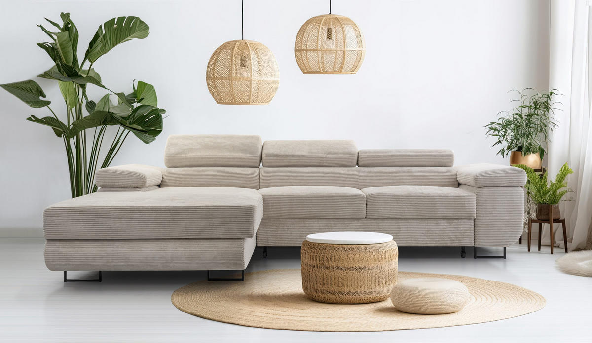 ECKSOFA GIULIO Beige Velours-Stoff mit Schlaffunktion - Beige, Holz (280/203cm) - MASSENO