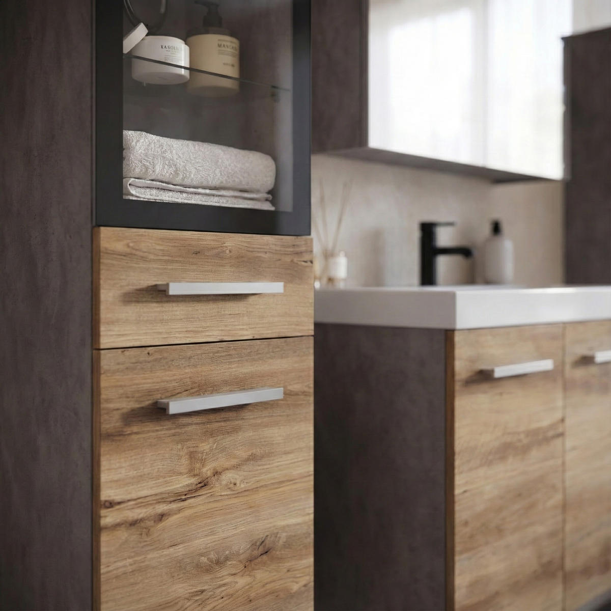 BADMÖBEL-SET Mirano 5 Teile Kastanien Eiche / Grau - 60 x 35 x 51 cm - Eichefarben/Grau, Holz (60/47/35cm) - Badplaats