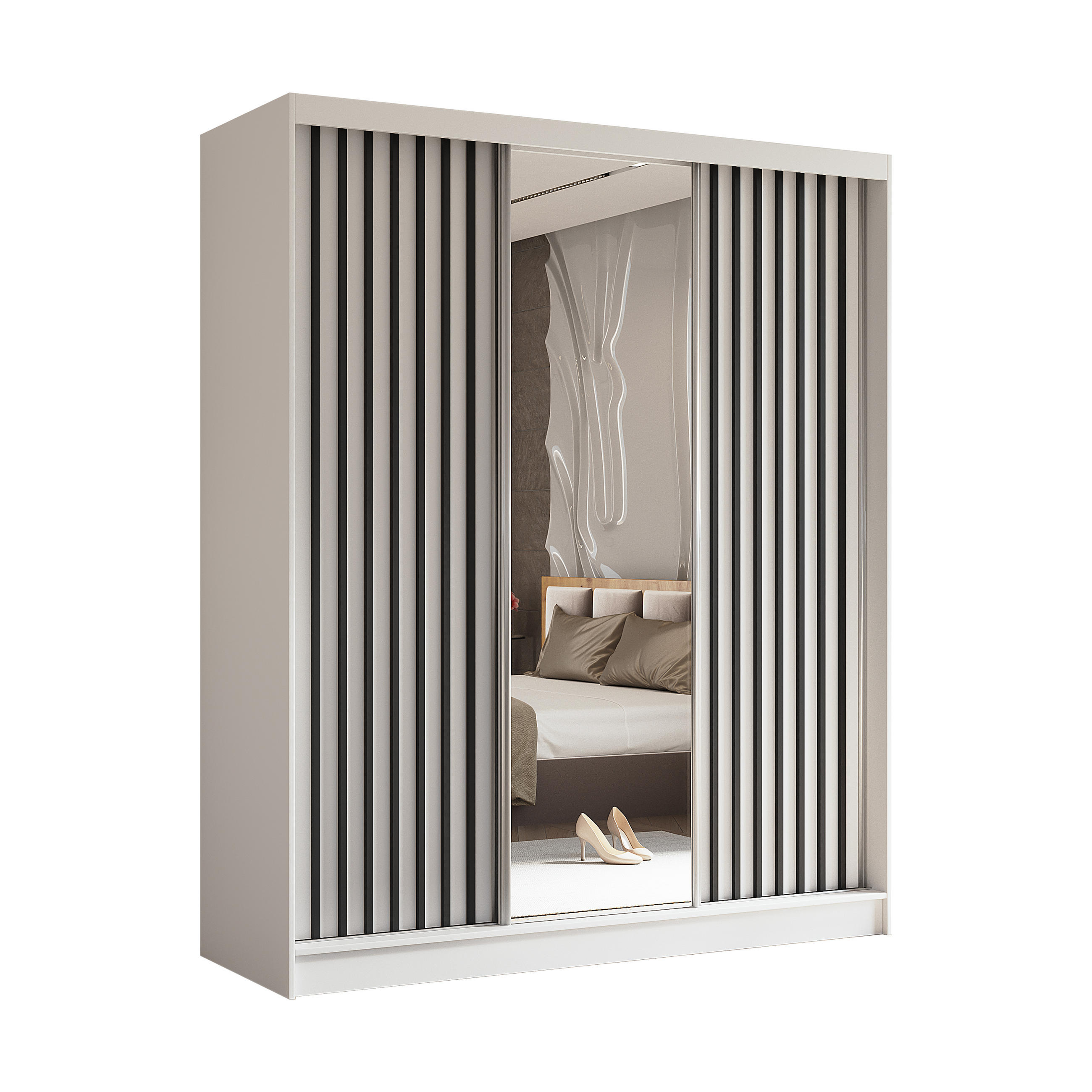 SCHWEBETÜRENSCHRANK LAMELLO 180/216/61 cm 3-türig mit Spiegel Weiß - Weiß, Holzwerkstoff (180/216/61cm) - MASSENO