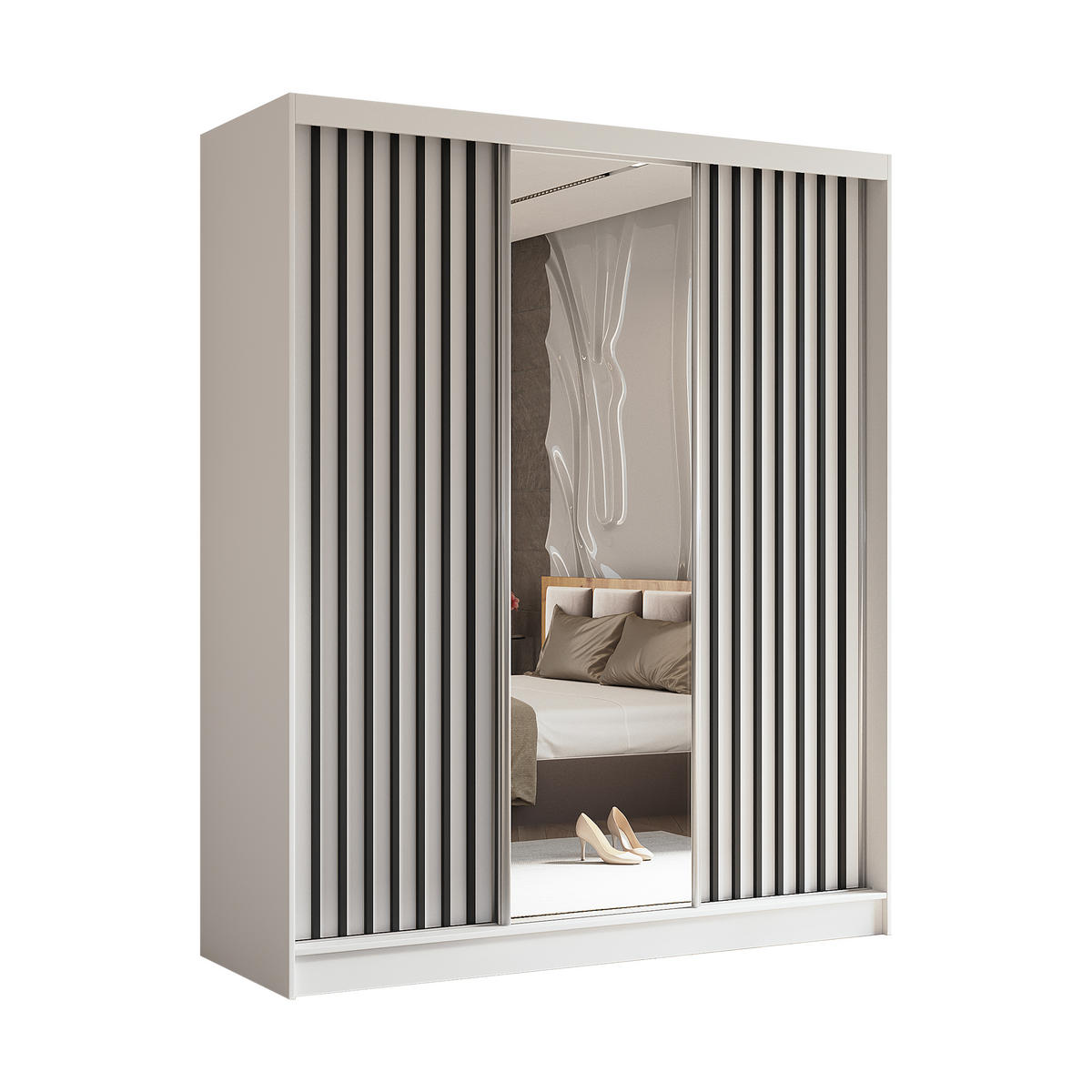 SCHWEBETÜRENSCHRANK LAMELLO 180/216/61 cm 3-türig mit Spiegel Weiß - Weiß, Holzwerkstoff (180/216/61cm) - MASSENO