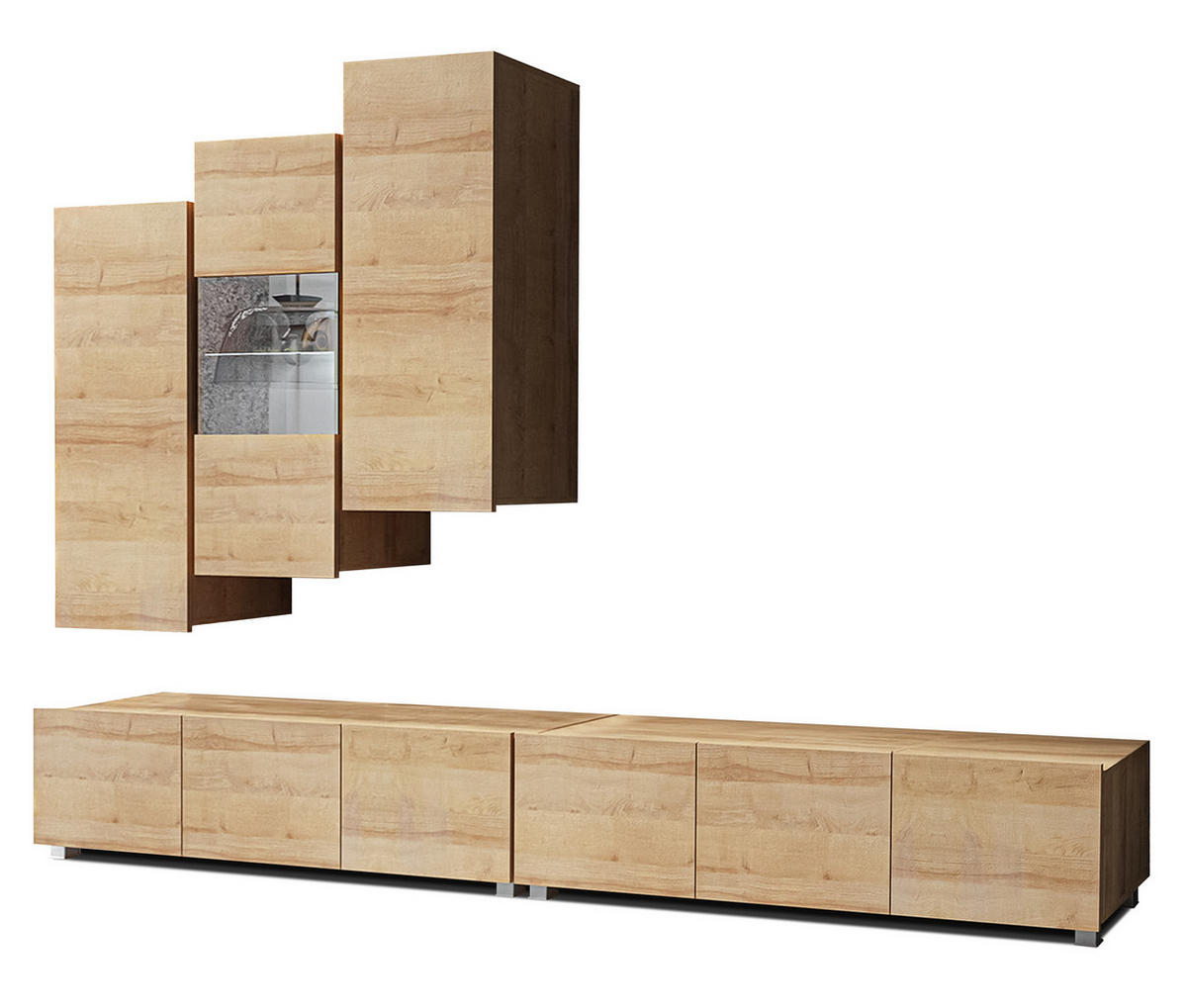 WOHNWAND Kossana 11 Goldene Eiche 300/142/43 cm Design - Hellbraun, Holzwerkstoff/Kunststoff (300/142/43cm) - AX Living