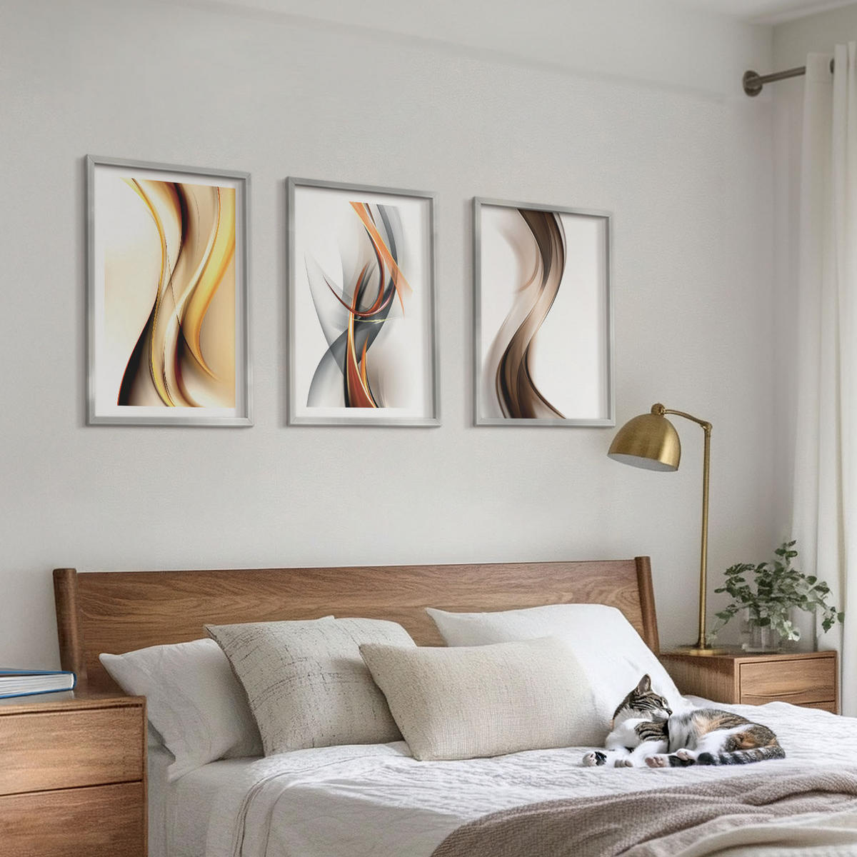 WANDBILDER 3er Set - 40x60 cm Silberner Rahmen - Gelbgrau-braune Wellen - Silberfarben, Kunststoff (40/60cm) - ArtPrintCave