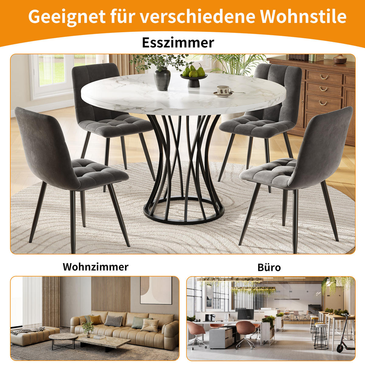ESSTISCH 80/80/76 cm Schwarz mit Marmoroptik Tischplatte aus MDF und Metallgestell - Schwarz, Holzwerkstoff (80/80/76cm) - OKWISH