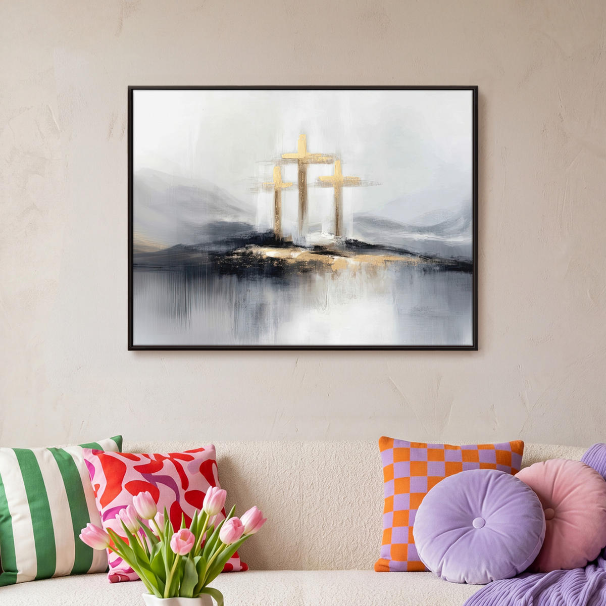 LEINWAND Bilder mit Rahmen - Abstrakt - Malerei - Christentum - Kreuz - 80x60 - Weiß, Textil (80/60cm) - MuchoWow