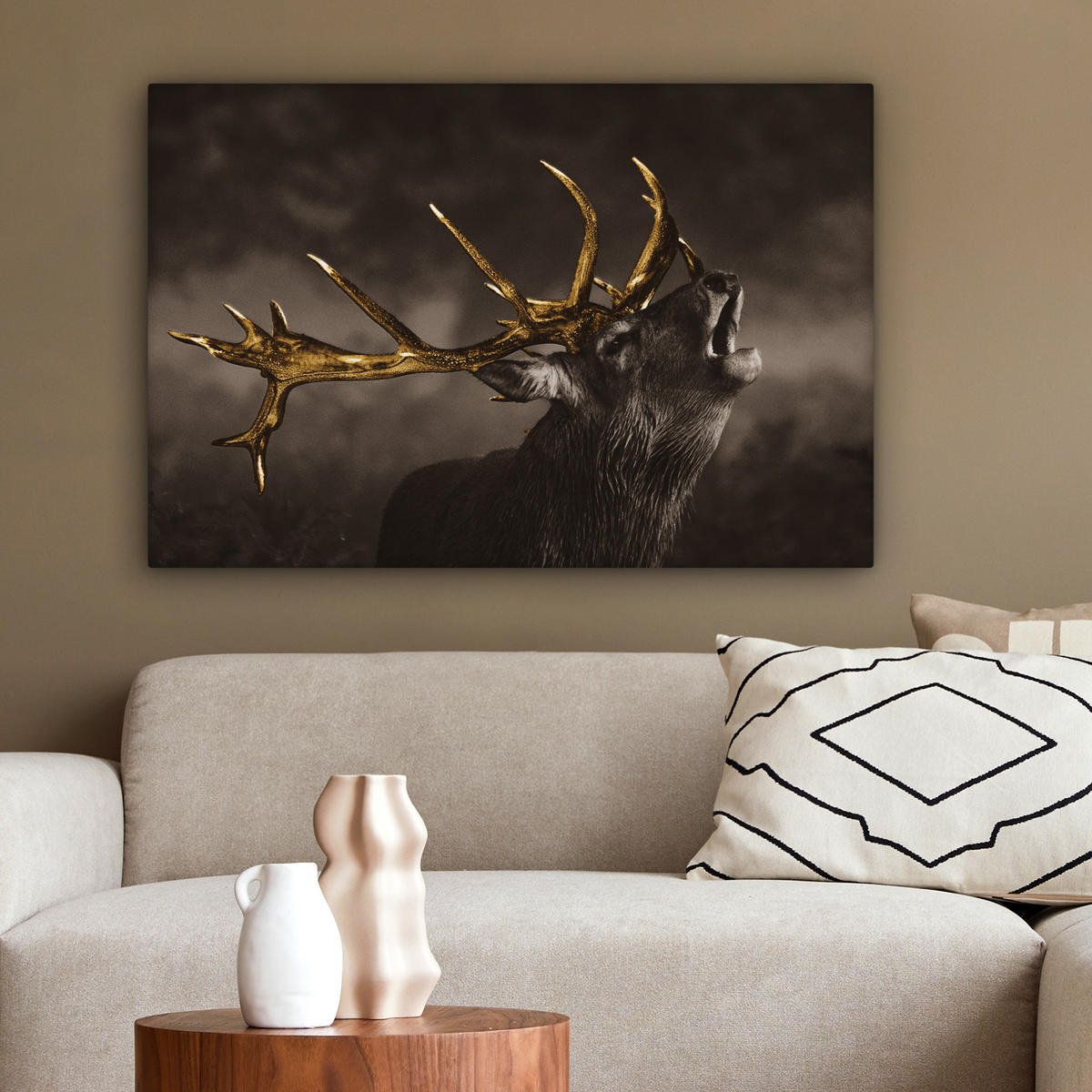 LEINWANDBILD Rotwild - Schwarz - Gold Gemälde 60x40 cm - Braun, Textil (60/40cm) - MuchoWow