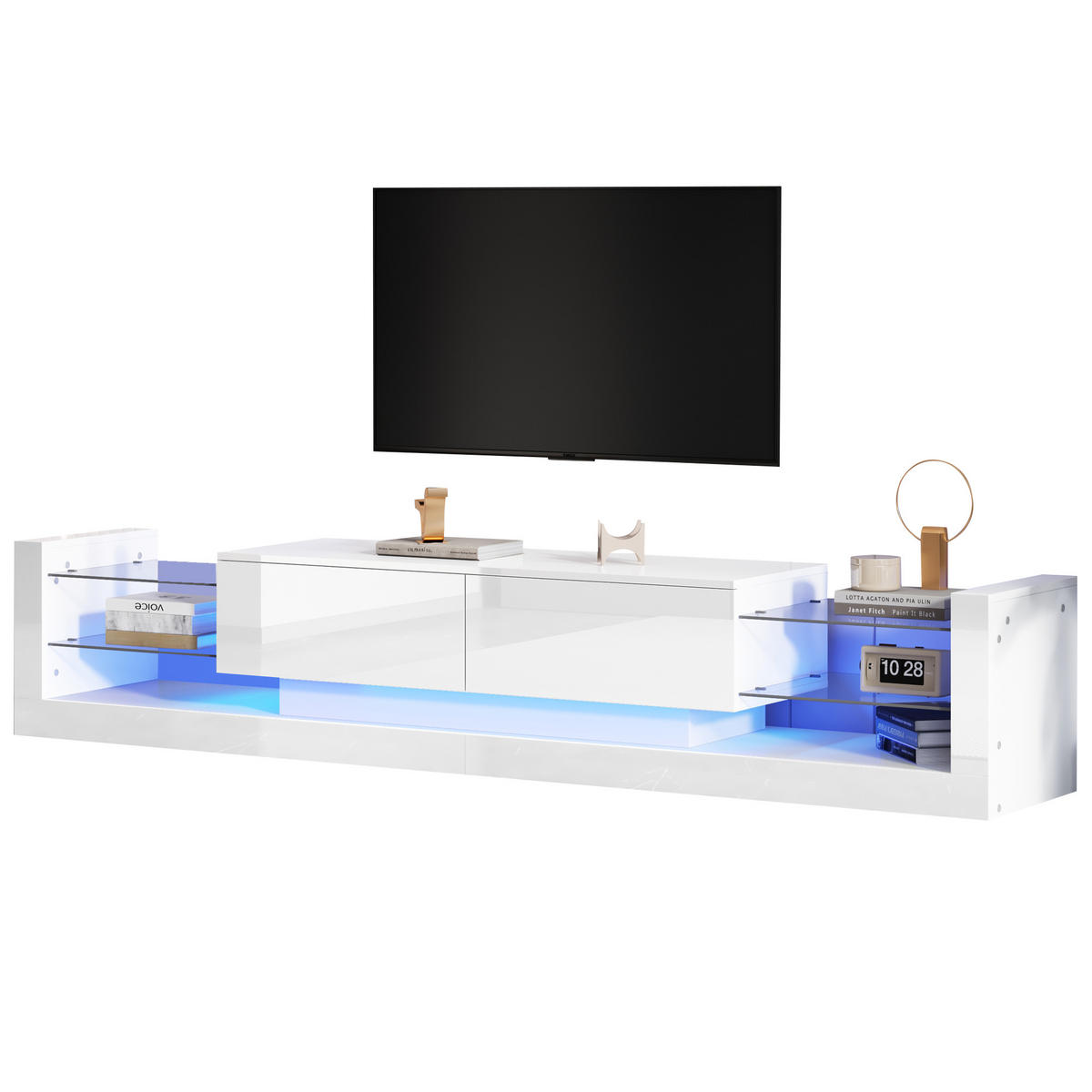 TV-SCHRANK 181/38/38 cm weiß Spanplatte mit LED-Beleuchtung und zwei klappbaren Schubladen - Weiß, Holzwerkstoff (181/38/38cm) - OKWISH
