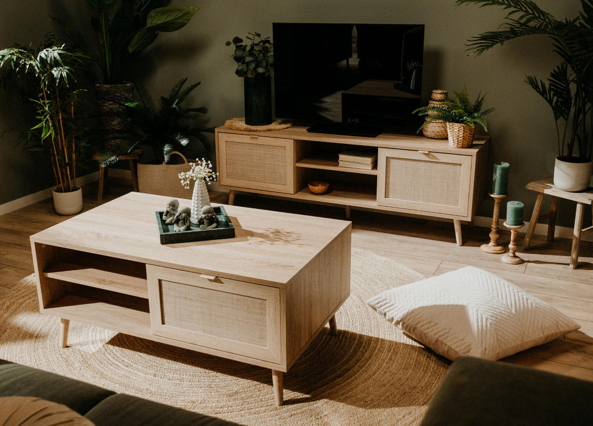 TV-LOWBOARD Eiche Sonoma, Bast-Dekor 150 cm, TV-Unterteil skandinavisch - Eichefarben, Holz/Holzwerkstoff (150/52/40cm) - Furn.Design