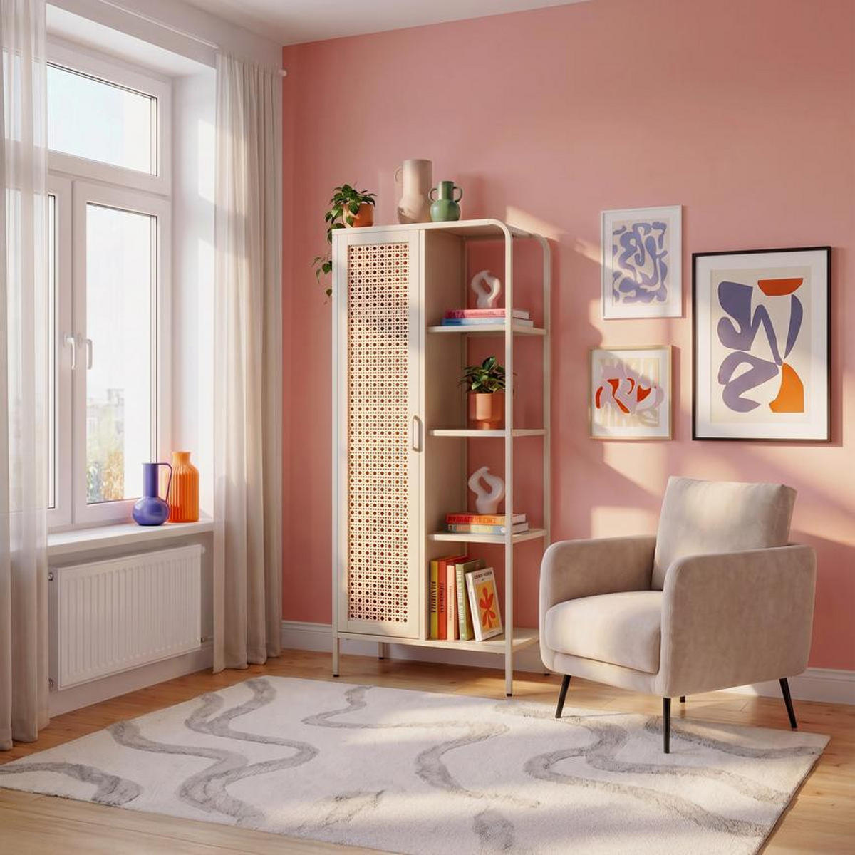 REGAL Industrielles Regal aus beigefarbenem Metallgitter mit 1 Tür und 4 Fächern - HERA - Beige, Metall (75/175/35cm) - Sicaan