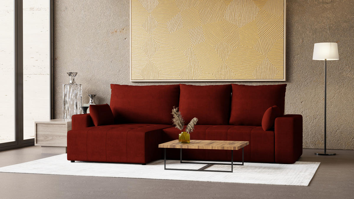 ECKSOFA Tico mit Bettkasten und Schlaffunktion, L-Form/XL-Form, Velourstoff, Universal - Weinrot, Holzwerkstoff (276/145cm) - 4ALL HOME