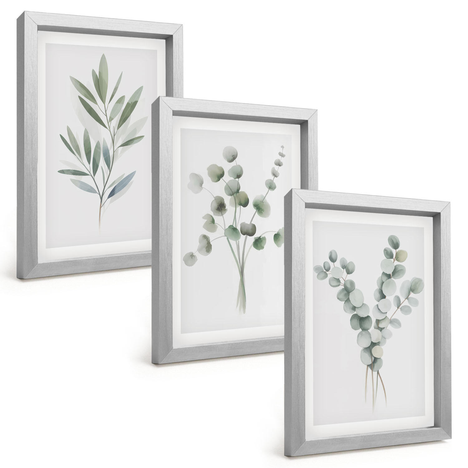 BILDER SET 3er Set - 20x30 cm Silberner Rahmen - Pflanzenmuster mit Grün - Silberfarben, Kunststoff (20/30cm) - TULUP